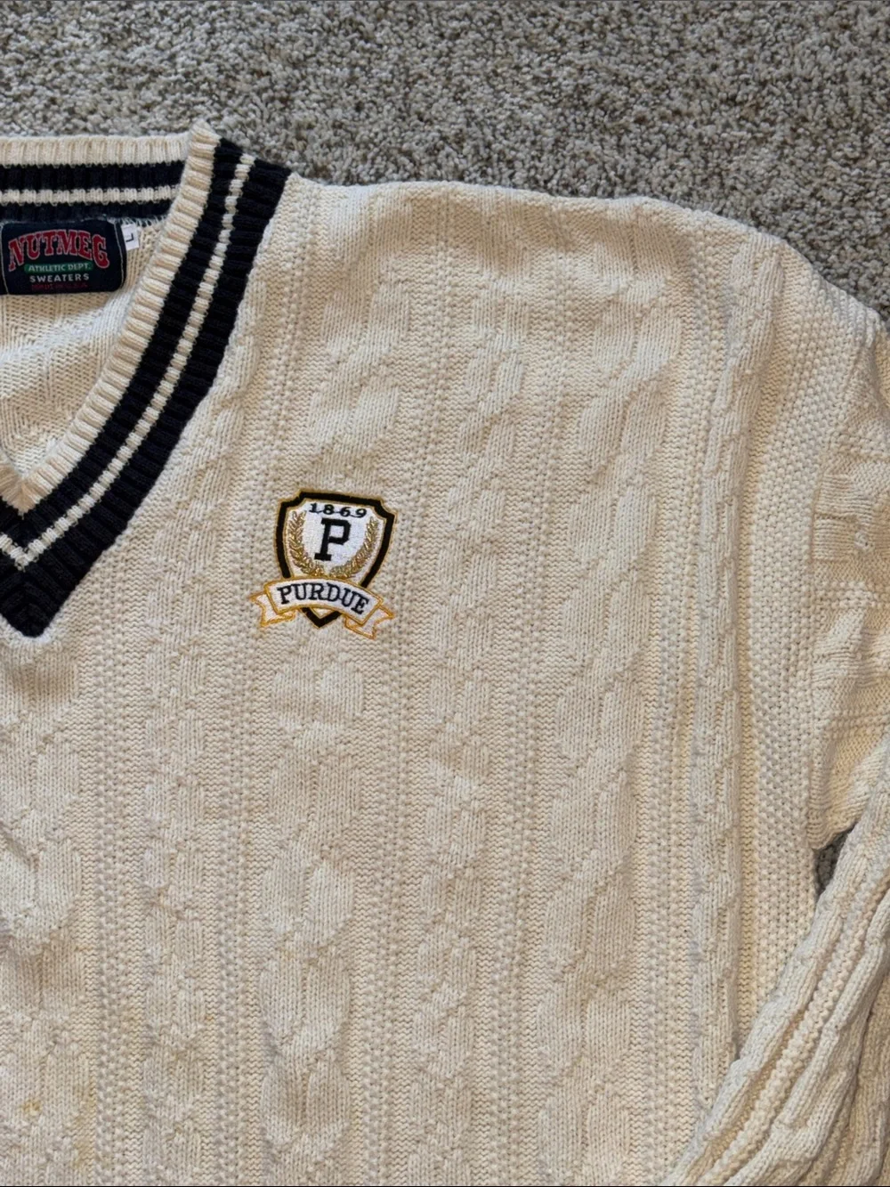 Purdue Crest Cable Knit V-Neck Sweater - Cream with Black Trim